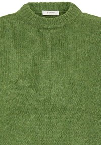 Pull vert tricoté à col rond avec un col côtelé et une étiquette portant la mention "b.young the collection."