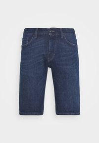 Tmavě modré džíny s rovného střihu, pěti kapsami a zapínáním na zip. Materiál má mírně strukturovaný povrch.