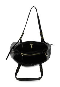 Zwarte leren handtas met een gestructureerde vorm, buitenrits en gouden hardware accenten. Ruime binnenkant met een ritsvak.