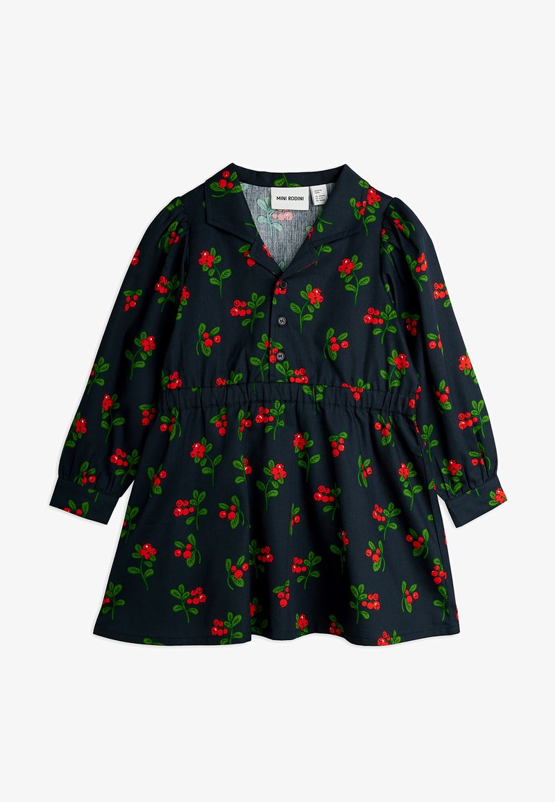 Tumši zils garām piedurknēm tērps ar sarkanu ogu un zaļo lapu rakstu, ar pogu aizdari priekšā, saniektu vidukli un apkakles detaļu.