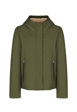 Olivgrön jacka med hög krage, texturerad beige foder och två sidofickor med dragkedja. Har en strömlinjeformad, modern design.