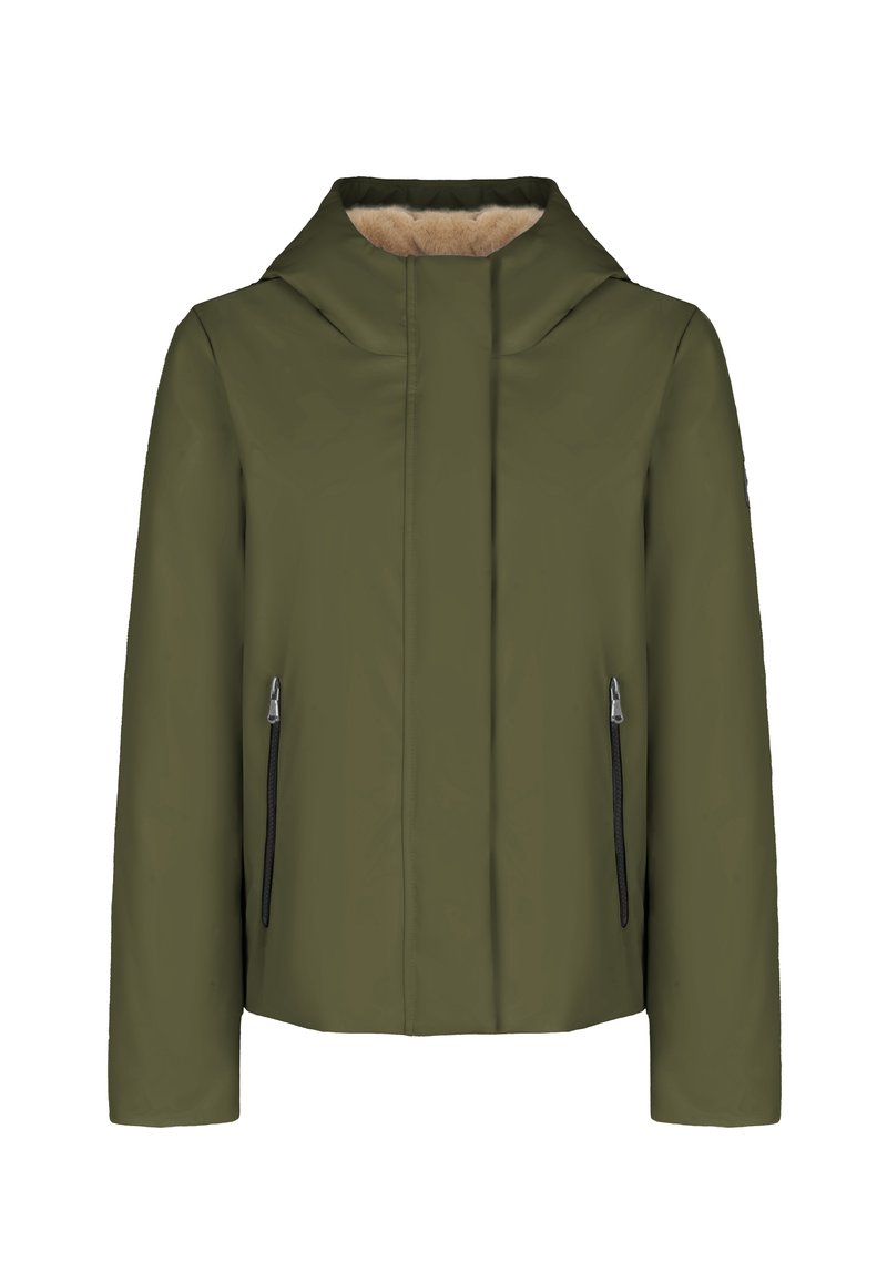 Olivově zelená bunda s vysokým límcem, texturovanou béžovou podšívkou a dvěma bočními kapsami na zip. Má štíhlý, moderní design.