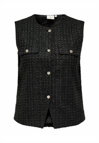 Črni brezrokavnik iz tvida z teksturirano tkanino, dvema sprednjima žepoma in detajli z gumbi z zlatim tonom na sredini in na žepih.