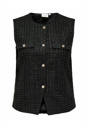 Juoda rankovių neturinti vėžlio liemenė iš tweedo, su tekstūruota medžiaga, dviem priekinėmis kišenėmis ir aukso tono mygtukų detalėmis per vidurį ir ant kišenių.