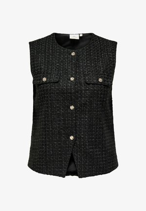 Crni prsluk bez rukava od tvida s teksturiranim tkanjem, dvije prednje džepove i detaljima zlatno-tonskih dugmadi duž centra i na džepovima.