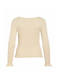 Pull à manches longues côtelé couleur crème avec poignets et ourlet à volants, présentant un décolleté légèrement arrondi et une silhouette ajustée.