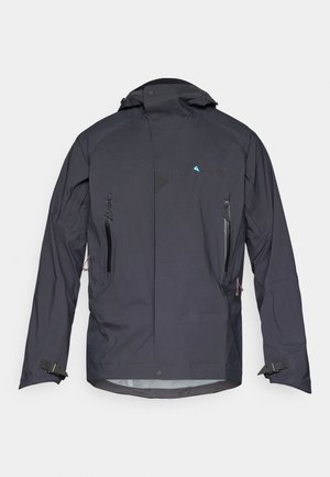 Čierna nepremočiteľná bunda s vysokým golierom, nastaviteľnými manžetami a dvoma zipsovými vreckami. Obsahuje modré logo a textúrované akcenty.