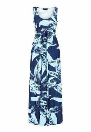 Sleeveless navy blue maxi dress with light blue tropical leaf pattern and gathered waist detail.