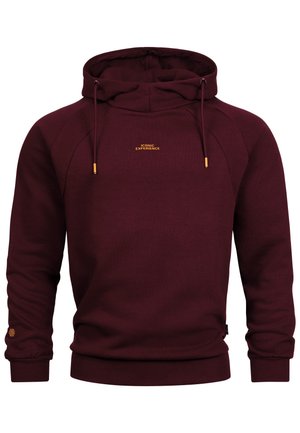 Jeune homme portant un sweat à capuche bordeaux avec le texte jaune « ICONIC EXPERIENCE » et un jean bleu clair, debout devant un fond blanc uni.
