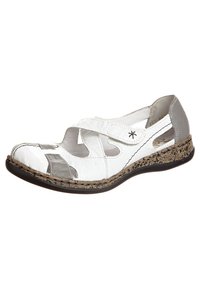 Sandal beige e grigia con materiale sintetico, punta chiusa, design con ritagli, strap in Velcro e suola in sughero testurizzata.