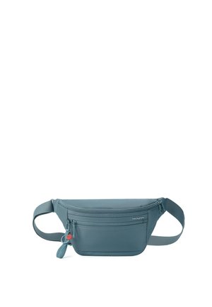 Riñonera azul con dos bolsillos con cremallera y correa ajustable, diseñada para llevar las manos libres y para uso casual.