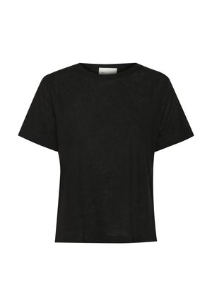 Black short-sleeve t-shirt made of lightweight fabric. Crew neck design with a relaxed fit and minimal texture, suitable for casual wear.