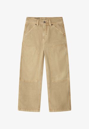 Béžové nohavice s širokými nohavicami, veľkými náplasťami na kolenách vpredu, bočným vreckom na náradie, pútkami na opasok a zapínaním na gombíky od značky Pepe Jeans London.