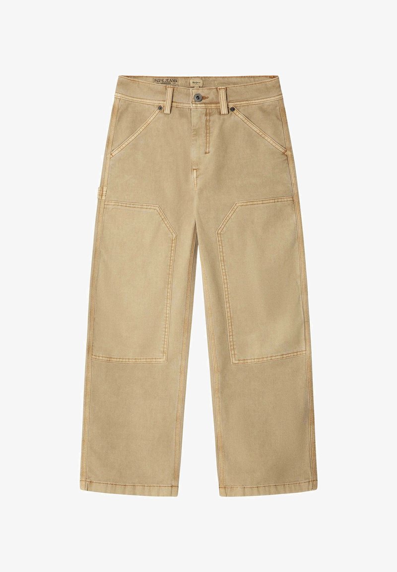 Beežid laia jalaga püksid suurte esipõlvekaitsega, külgmiste töötaskute, vööaasade ja nööpidega sulgemine, valmistatud Pepe Jeans Londoni poolt.