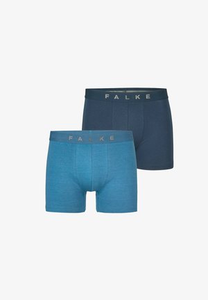 Twee paar boxershorts, één in blauw en de andere in donkerblauw, gemaakt van een zachte stof. Elk heeft een elastische tailleband met merkopdruk.