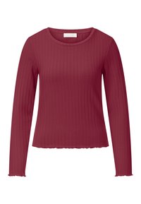 Haut à manches longues côtelé de couleur rouge profond, avec un col rond et un ourlet festonné. Confectionné dans un matériau doux et extensible pour un confort optimal.