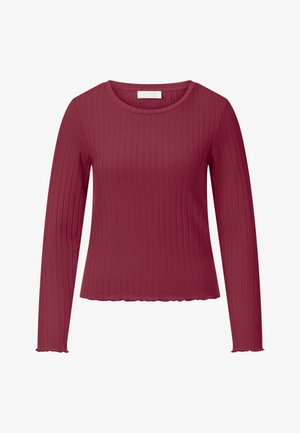 Top a maniche lunghe a costine di colore rosso scuro, con scollo rotondo e orlo smerlato. Realizzato in materiale morbido ed elastico per il massimo comfort.