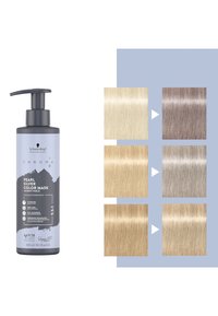 Schwarzkopf Pearl Silver Color Mask in einer grauen Flasche mit Pumpspender. Farbmuster umfassen blasses Blond, Gold, Silber und Hellbraun.
