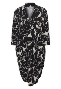 Vestido abstracto de patrones en negro y beige, con escote en V, mangas tres cuartos, diseño plisado y silueta holgada.
