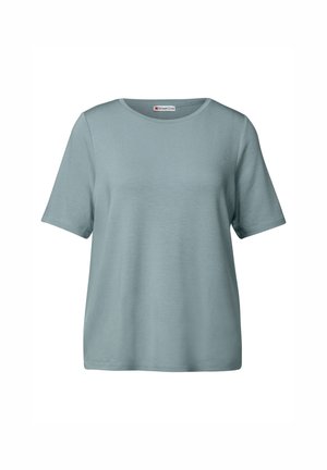 Helles blaues T-Shirt mit Rundhalsausschnitt und kurzen Ärmeln, aus weichem Stoff gefertigt, mit lässiger Passform und genähtem Saum.
