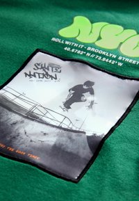 Grüne Sweatshirt mit einer rechteckigen Grafik mit schwarzem Rand, die einen Skateboarder in der Luft zeigt, mit dem Text "Skate Nation" darüber.