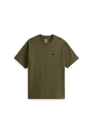 T-shirt vert olive à manches courtes en coton. Présente un col rond et un petit logo Vans noir sur la poitrine. Texture lisse.