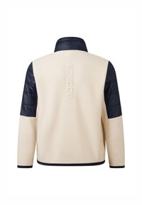 Men's jacket with a cream fleece body and navy quilted nylon sleeves. Features embossed "BOGNER" logo on the back. Standard collar design.