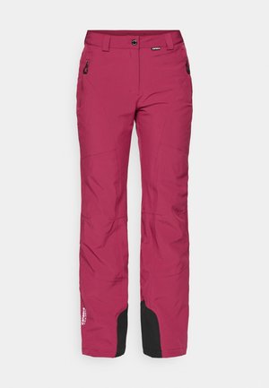 Pantalons de ski magenta avec une coupe droite, fabriqués en tissu durable. Comprend des poches zippées et des ourlets renforcés noirs.