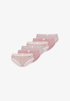 Cinq paires de culottes hipster dans des nuances de rose, avec un imprimé léopard sur une paire, ornées de dentelle à bords festonnés et fabriquées en tissu lisse.