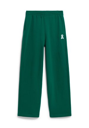 Green sweatpants made of soft fabric, featuring a relaxed fit, elastic waistband, side pockets, and a small white ribbon logo on the left side.
