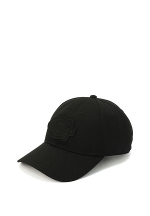 Casquette de baseball noire avec logo brodé sur le panneau avant, conception à six panneaux, œillets de ventilation et visière incurvée sur fond blanc.