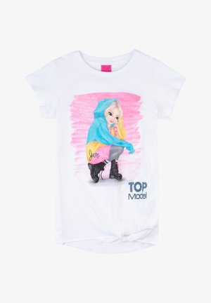 White short-sleeve T-shirt featuring a colorful illustration of a girl in a blue and yellow hoodie. Text reads "June" and "TOP Model."