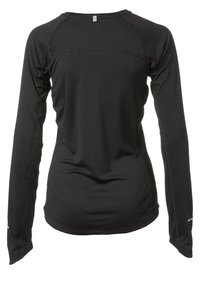 Maglietta atletica nera a maniche lunghe realizzata in tessuto liscio ed elasticizzato. Presenta maniche raglan e cuciture piatte per comfort e libertà di movimento.