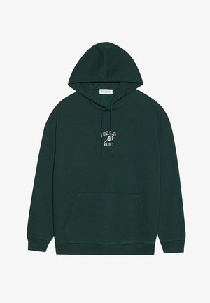 Sötétzöld kapucnis pulóver kenguruzsebbel, húzózsinórral ellátott kapucnival és fehér felirattal, ami ezt írja: "PADEL CLUB MADRID". Puha, texturált anyagból készült.