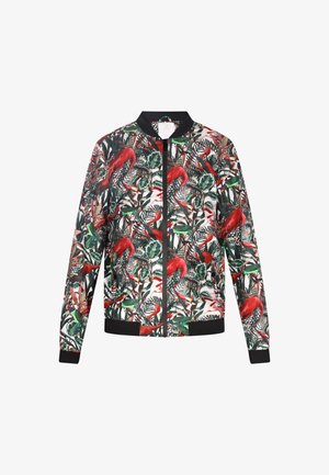 Bomberjack met een levendig tropisch patroon van rode flamingo's en groene bladeren. Gemaakt van stof met een lichte gewicht en zwarte geribbelde manchetten en kraag.