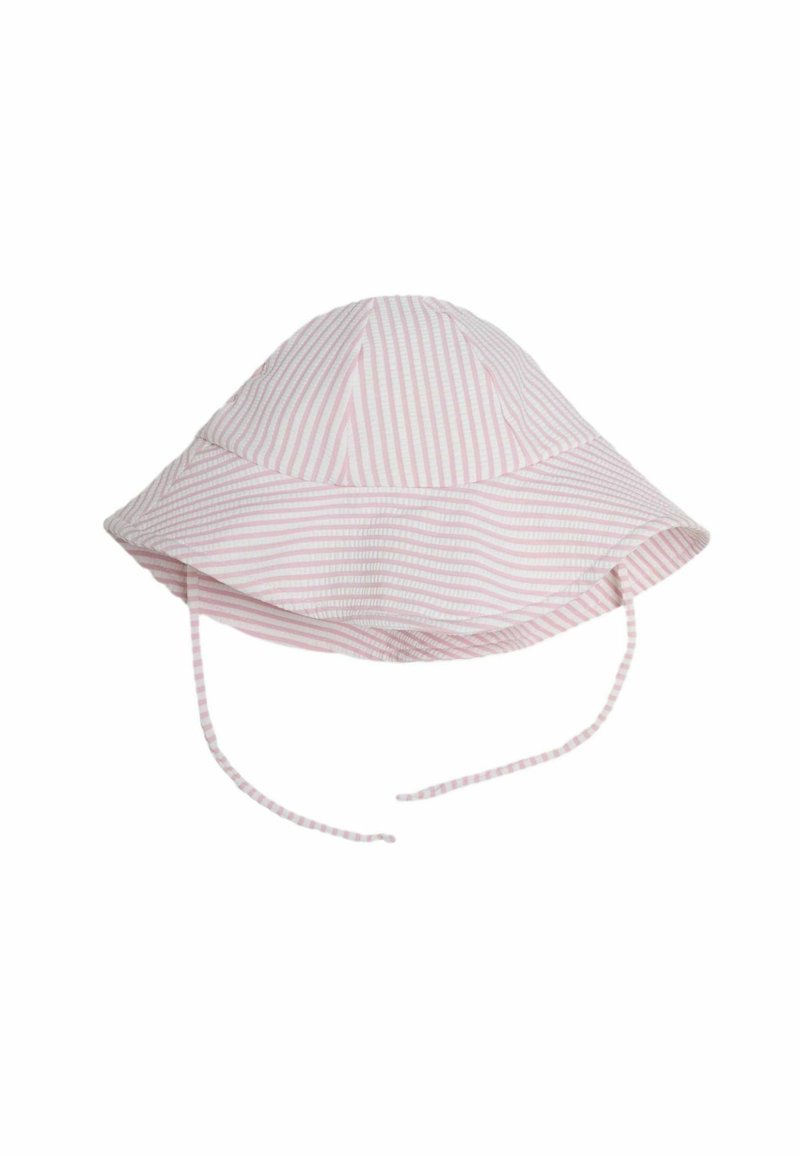 Chapeau seau rayé rose en tissu doux avec un large bord et des liens sous le menton pour un ajustement sécurisé. Dispose d'une texture lisse et d'une forme arrondie.