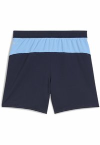 Jūras zila sporta šorti ar gaiši zilu horizontālu svītru augšpusē. Elastīga jostasvieta un gluda auduma tekstūra.