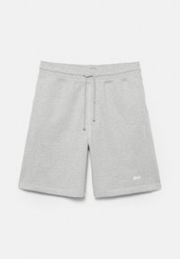Shorts décontractés gris clair avec taille élastique, cordon de serrage, poches latérales et petit logo blanc sur l’ourlet de la jambe gauche.