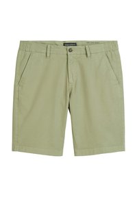 Light green shorts made of soft fabric with a relaxed fit. Features side pockets, an elastic waistband, and a button closure.