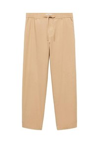 Bež hlače sproščenega kroja, izdelane iz lahkotnega materiala, z vrvico v pasu, ravnimi nogavicami in stranskimi žepi.