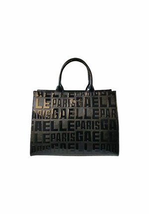 Borsa a mano in pelle verniciata nera con testo "GAELLE PARIS" in rilievo ripetuto e due manici arrotondati.