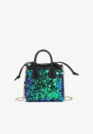 Small handbag with black handles, blue-green iridescent sequins, drawstring top, and a gold chain shoulder strap.