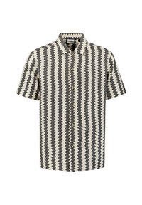 Korte mouwen shirt in crème met zwart zigzagpatroon. Gemaakt van geweven stof met een kraag en knoopsluiting aan de voorkant.