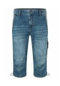 Denim Capri-Shorts in Hellblau mit verblasster Textur, fünf Taschen, Metallknopfverschluss und verstellbaren roten Kordeln am Saum.