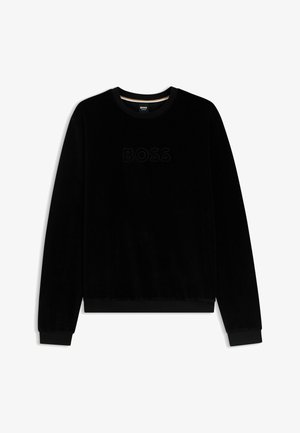 Black velvet sweatshirt featuring a crew neckline, long sleeves, and an embossed 'BOSS' logo on the chest. Ribbed hem and cuffs.