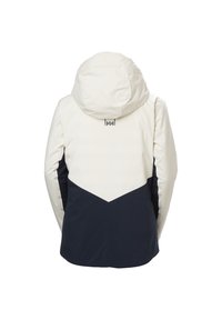 White and navy ski jacket with a hood, featuring a chevron design, smooth texture, and branded logo on the back, designed for outdoor wear.