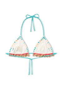 Top bikini triangolo color crema con accenti turchesi e corallo. Presenta bordi a strisce e un bordo in pizzo testurizzato nella parte inferiore. Si lega al collo e alla schiena.