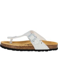 Infradito glitter argento con fondo in sughero, cinturini trasparenti e dettaglio con fibbia argentata. Suola in gomma nera per aderenza.