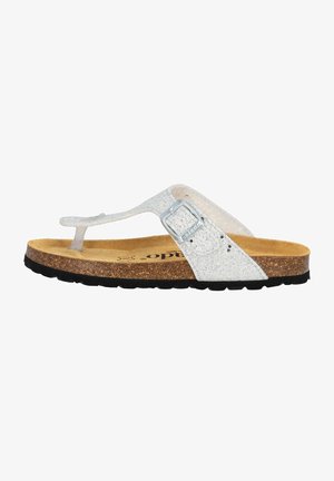 Silberne Glitzer-Flip-Flop-Sandalen mit einem Korkfußbett, klaren Riemen und einem silbernen Schnallen-Detail. Schwarze Gummisohle für besseren Halt.