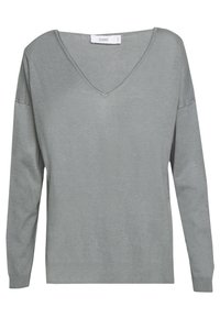 Maglione grigio chiaro con scollo a V, maniche lunghe e una texture liscia. Semplice e minimalista, senza ulteriori motivi o dettagli.
